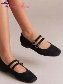 LangMoon Ashlee LangMoon 2026 Sepatu Flat Mary Jane Ujung Persegi dengan Gesper Ganda Bahan Suede Hitam, Sol Dalam Empuk dan Nyaman, Minimalis Anti Selip, Cocok untuk Musim Panas dan Perjalanan Sehari-hari Sepanjang Musim - Hitam - Persegi - View 4