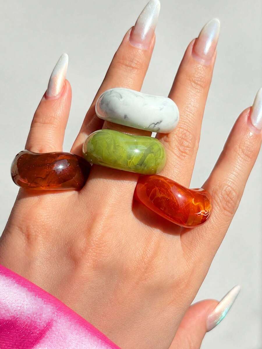 4pcs/Set Fashion Unique Geometric Minimalist Resin Rings, Oversized Oval Ring Set, Brown, Red, Green, Grey, White Rings, Women's Style, Suitable For Daily Wear, Holidays And Parties. - Multicolor - View 1