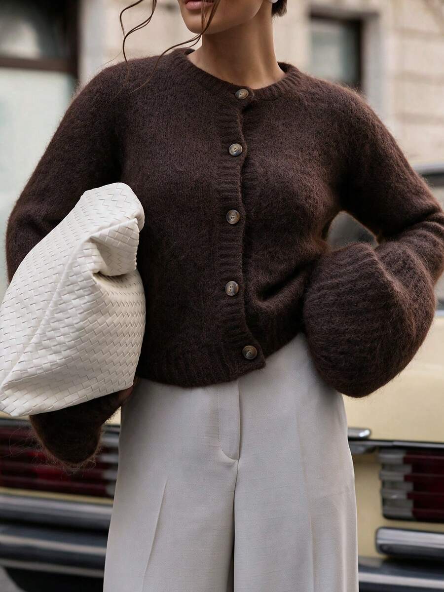 MORI Fall Winter Y2K Elegant Casual Brown Fuzzy Knit Bell Sleeve Button Cardigan Tops Women Going Out Party Vacation Concert Outfits - Brown - View 1