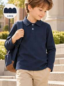 3pcs/Set Unisex Kids Classic Royal Blue Long Sleeve Polo Shirts, School Uniform Tops For Back To School, Suitable For Daily Wear, Performances And Group Activities - Royal Blue - View 6