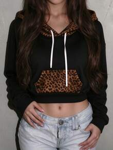 Leopard Print Patchwork Cropped Sweatshirt Sweatshirt Women's Autumn New Loose Drop Shoulder Drawstring Black Sexy Top - Black - View 9