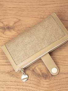 Dompet Lipat Panjang Wanita Bahan PU dengan Tekstur Tenun dan Motif Patchwork, Gesper Cantik dan Penutup Magnetik, Tempat Kartu Multifungsi, Pengatur ID, Dompet Genggam Ringkas dengan Dompet Koin Berresleting - Aprikot - View 6