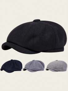 1pc Men's Wool Newsboy Cap, Fashionable Beret, Outdoor Casual Flat Cap, Solid Color, Suitable For Autumn/Winter Street, Business, Gatherings - Multiple Styles - View 1