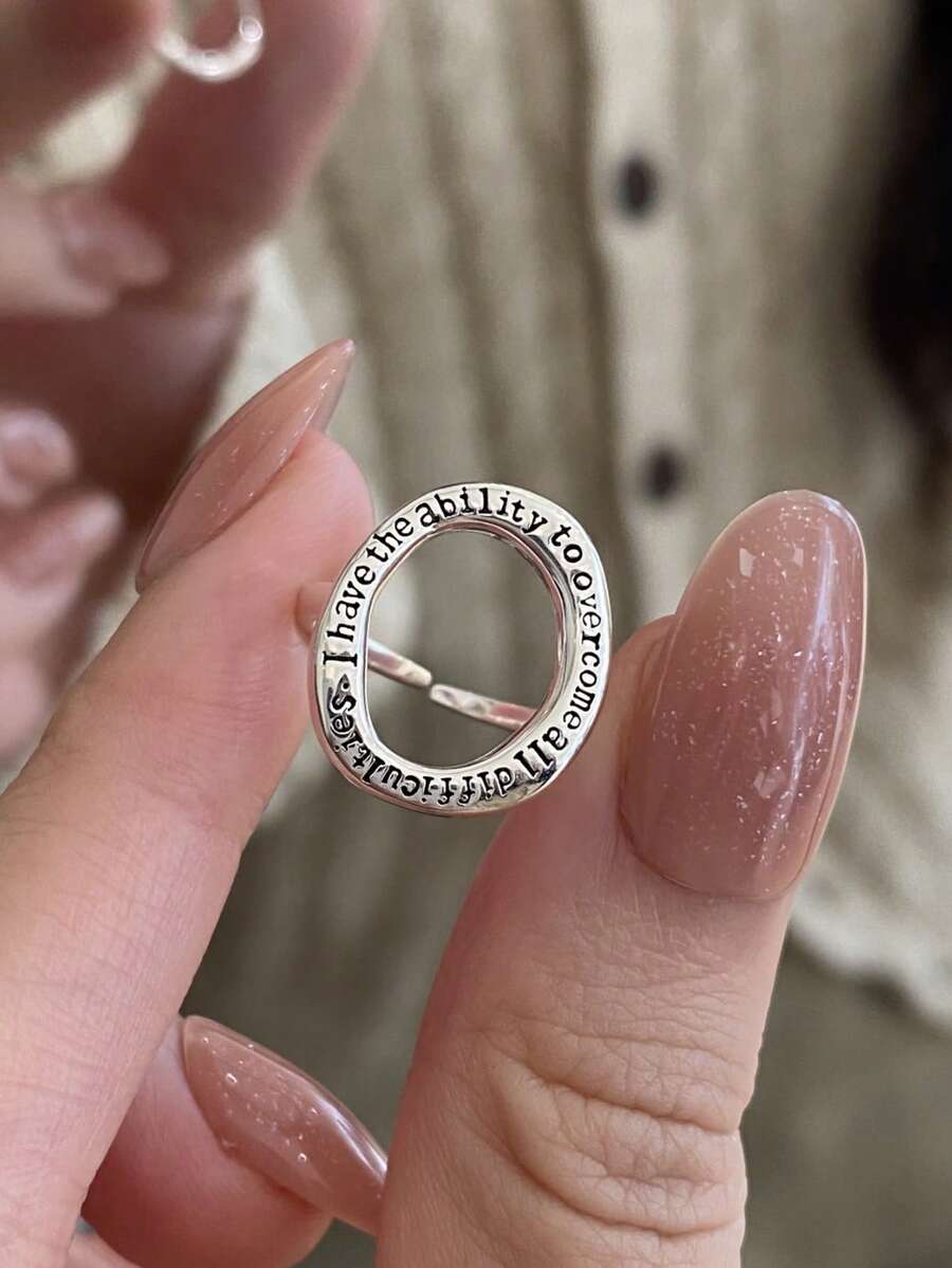 1pc Fashionable "I Have The Ability To Overcome Any Difficulty" Letter Decor Open Ring - Silver - View 1