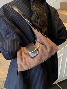 時尚高端咖啡色麂皮 PU 女款單肩包，精緻五金裝飾可調節肩帶單肩包/斜挎包 - 咖啡棕 - 查看 5