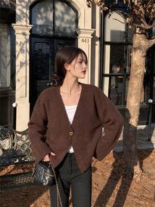 Plus Size Women's Autumn/Winter Essential Short Knit Cardigan, V-Neck Bell Sleeve Single Button, Elegant Loose Casual Jacket - Brown - View 2