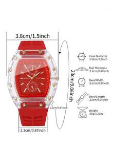 Women's Silicone Strap Fashion Transparent Case Watch, Barrel-Shaped Dual-Dial Scale Watch Face Outdoor Sports Wristwatch, Gift Watch (1pc/Set) Watch Box Not Included - Red - View 3