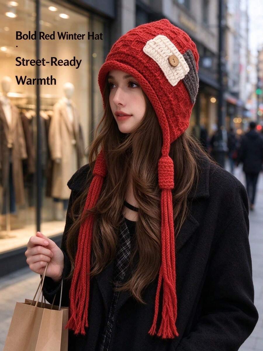 Long Tassel Crochet Ear Protection Winter Beanie, Patch Button Decor Knit Hat, Suitable For City Strolls, Weekend Trips And Winter Outdoor Activities, Warm Earflap Cap For Cold Weather Daily Wear - A - View 1
