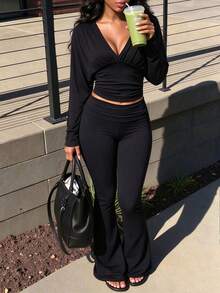 Women Fall/Winter Deep V-Neck Long Batwing-Sleeve Top And Turn-Up Waist Slightly Flared Pants Set Casual,Daily,Going Out,Sports Backless Black Set - Black - View 3