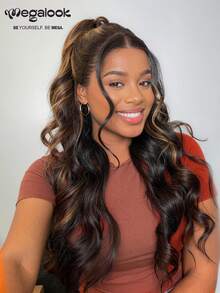 MEGALOOK 360 Lace Front Wig 1B/30 Highlighted Brown Water Wave 100% Human Hair Invisible Band Wear And Go Glueless Lace Front Wig Human Hair Pre-Plucked Hairline With Drawstring - SNATURAL/30 - View 1