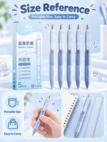 5pcs Blueberry Cheese Gradient Blue Series Retractable Neutral Pens Set, 0.5mm Black Ink, Quick-Dry Smooth Writing, Soft Rubber Comfortable Grip Design, 5 Shades Of Blue High-Value Study Pens, Suitable For Student Exams, Classroom Notes, Office Writing, Journaling And Daily Learning Stationery - Sets - View 6