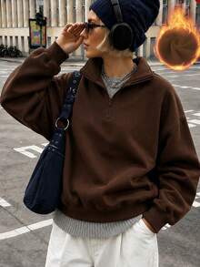 女款秋冬保暖內裡淺灰色花卉美式極簡休閒半高領拉鍊運動衫，時尚百搭日常穿搭 - 棕色 - 查看 1
