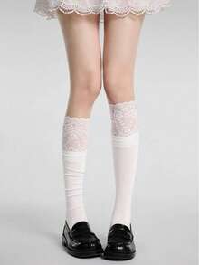 1 Pair Women's Lace Trim Calf Socks, Solid Color Versatile Knee-High Socks, Suitable For Various Occasions - Multicolor - View 8