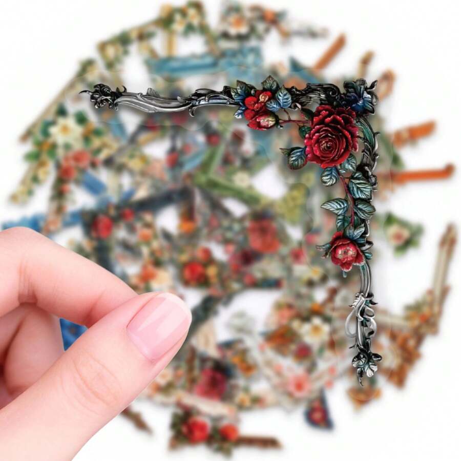 56pcs Carved Floral Corner Frame Paper Labels Graffiti PET Stickers, Suitable For Teachers, Parents, Classroom Learning Rewards, Gift Labels, Envelope Seals, Office Gift Packaging Stationery Stickers - one-size - View 1