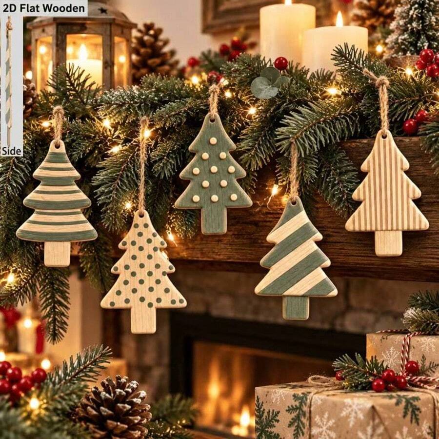 2D Flat Christmas Tree Shaped Wooden Hanging Decor 5pcs Set, Rustic Style Christmas Hanging Ornaments With Rope, Suitable For Christmas Tree, Fireplace, Window And Home Holiday Decoration - A - View 1