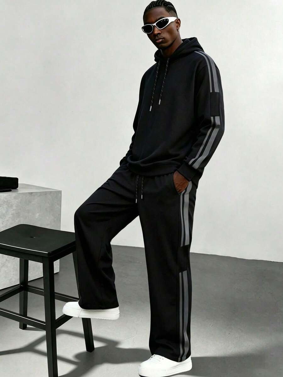 Autumn/Winter Men's Hooded Pullover Sweatshirt Casual Commute Travel Workout Striped Long Pants 2 Pieces Set - Black - View 1