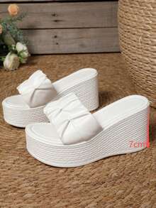 Women's PU Leather Ruched Decor Wedge Heel Slides Textured Thick Sole Casual Beach One-Strap Sandals - White - View 3