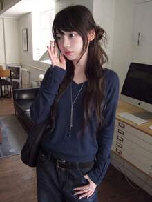 V-Neck Knit Pullover Top With Cuff Button Design, Casual - Dark Blue - View 1