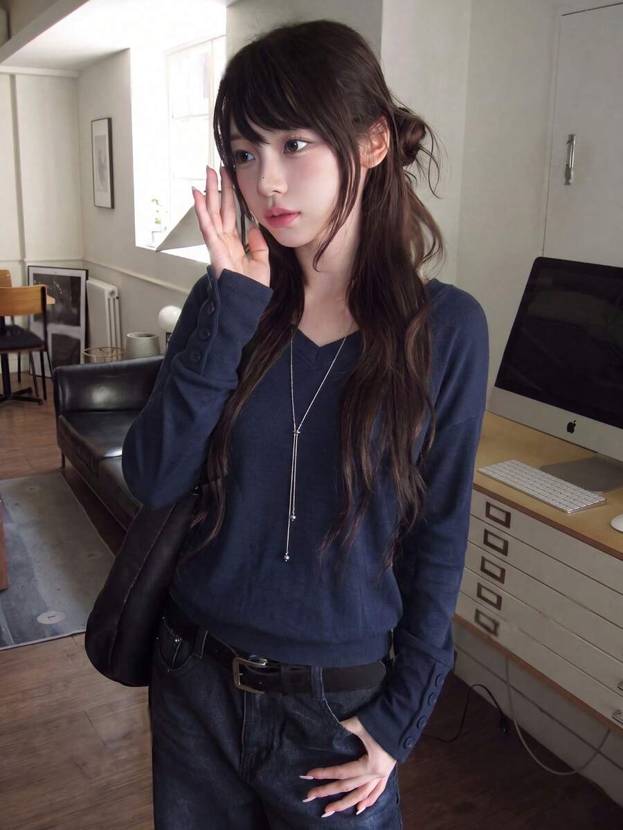 V-Neck Knit Pullover Top With Cuff Button Design, Casual - Dark Blue - View 1