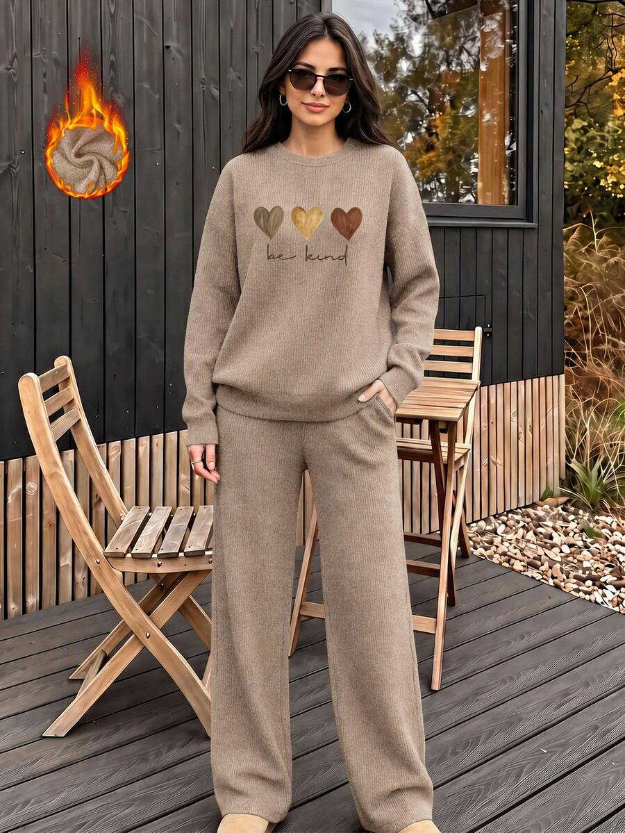 Heart & Letter Print Women's Autumn/Winter Two Pieces Set, Soft Faux-Knit Crew Neck Top & Wide Leg Pants Casual Outfit, Size M - Camel - View 1