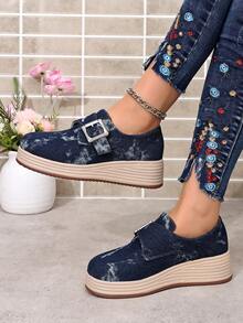 Women's Elegant Wedge Heel Thick Sole Deep Cut Loafers - Dark Blue - View 6