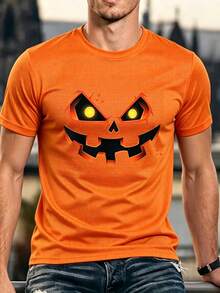 Homme Camiseta de manga corta de cuello redondo casual con estampado de linterna de calabaza de estilo americano para Halloween y ribete de contraste para hombres - Naranja Coral - Ver 11