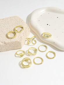 10PCS INS Style Fashion Minimalist Asymmetrical Lava Rock Rings, Multi-Element Metallic Polished Ring Set For Women - Gold - View 2