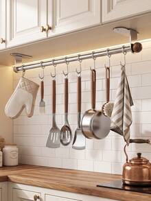 Wall Mounted Kitchen Hanging Rail Organizer, Multi-Purpose Pot And Pan Holder, No Punch Installation, Hang Cooking Gadgets, Measuring Cup, Kitchen Towel, Ideal For Home Kitchen, Farmhouse, Small Space Storage Solution - Multicolor - View 5