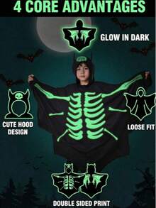 Set Jubah Kelelawar Bercahaya untuk Anak-Anak | Kostum Kerangka Bercahaya Halloween, Pakaian Pertunjukan Festival, Kostum Bermain Peran Gelap - Hitam - View 2