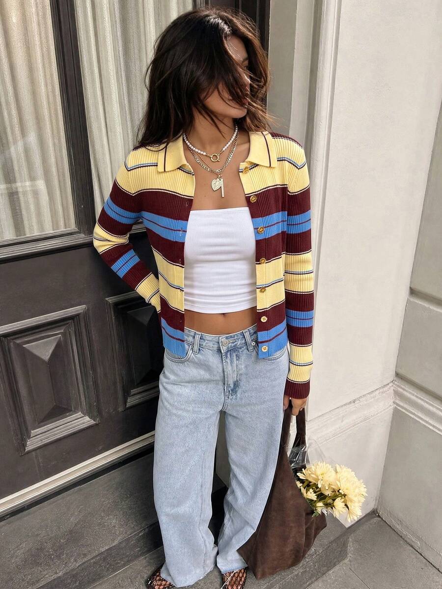Women's Fall Clothing Color Block Striped Polo Collar Knit Cardigan, Long Sleeve Button Front Cropped Sweater For Thanksgiving Daily Outfit - Multicolor - View 1