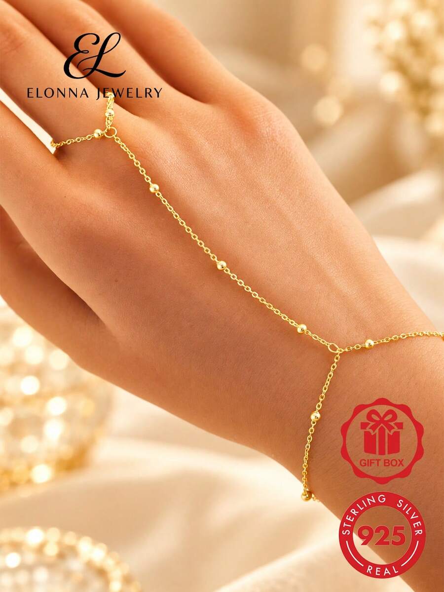 SYMFNY 1pc Sterling Silver Minimalist Fashionable Beaded Chain Ring & Bracelet Combo - Yellow Gold - View 1