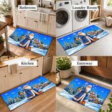 1pc Kitchen Floor Mat, Soft Faux Cashmere Material, Blue Santa Claus Snowflake Pattern, Non-Slip Mat For Kitchen, Bathroom, Entryway, Suitable For Multiple Scenes, Room Decor, Holiday Gift - Multicolor - View 10