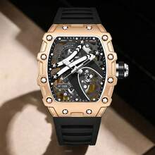 Barrel Hollow Dial Outfit Daily Commute Party Men's Quartz Wristwatch 3D Index Luminous Hands - Black - View 2