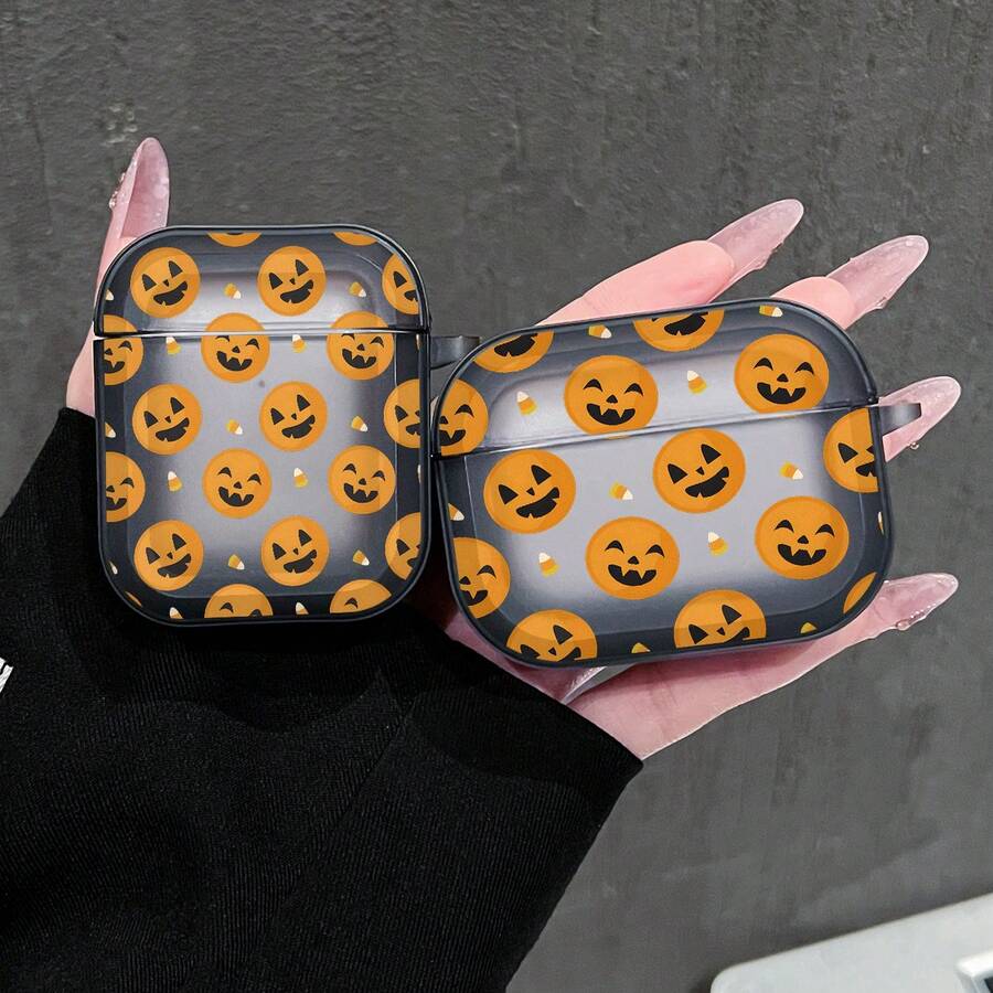1PC Semi-Transparent Grey Background Full Print Cute Pumpkin Lantern Candy Bead Pattern Earphone Protective Case Suitable For AiPods1/2, AirPods3, AirPods4, AirPods5, AirPodsPro, AirPodsPro3 Full Coverage Anti-Drop Soft Shell With Hanging Buckle - Transparent Black - View 1