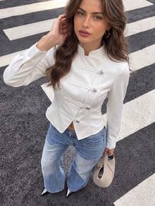 PEONY Women's Autumn Elegant Casual Vacation Vintage Knot Button Solid White Shirt, Suitable For Party, Gathering, Holiday, Birthday Party, Commuting, Office, Beach Vacation, Beach, Daily Wear, Outdoor Street Photography, Music Festival, Back To School, Wedding Guest Outfit - White - View 6