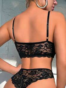 Cheekology 1 Set Lace Patchwork Front Closure Sexy Lingerie Bra And Panty Set For Women - Black - View 8