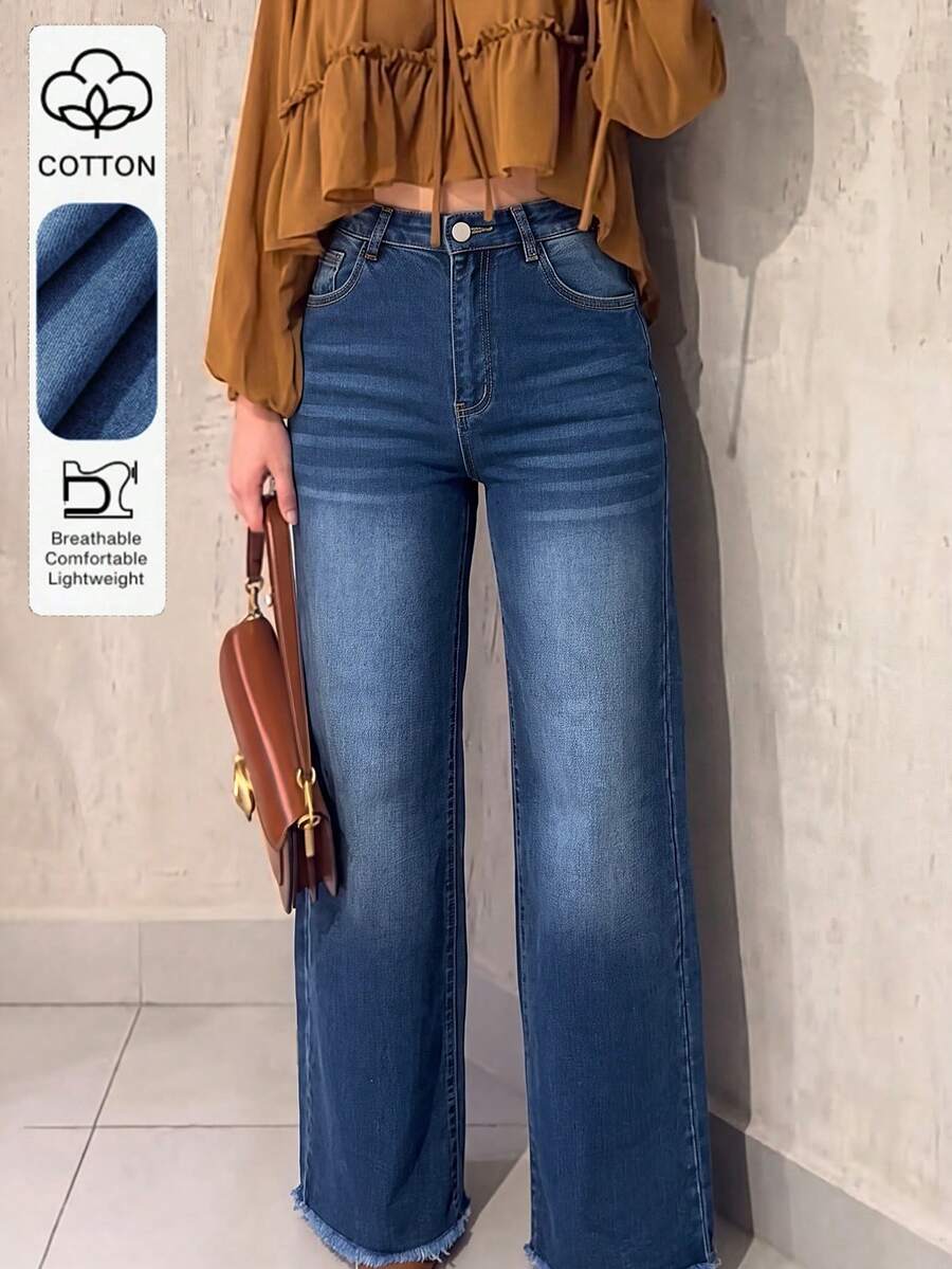 Women's Urban Casual Style Light Wash Straight Leg Denim Jeans, Extra Long With Pockets, Mid-Stretch Fabric - Dark Wash - View 1