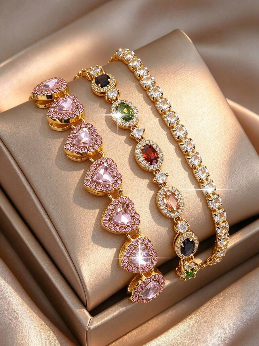 3pcs/1set Fantasy Colorful Heart Stainless Steel Bracelet Sets Fashion Geometric CZ Women Bracelets For Birthday Anniversary Gift For Daily Commute - Multicolor - View 1