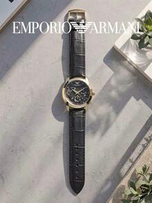Armani AR4674 Men's Chronograph Watch, Hollow Dark Gray Dial With Gold Round Case, Black Textured Strap, Premium Accessory Suitable For Office And Dating - Black - View 3