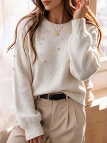 Elegant Women's Pearl Embellished Pullover Sweater, Long Sleeve Regular Fit For Fall & Winter Fashion - Beige - View 2