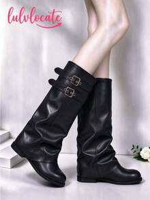 Black Leather Buckle Boots, Vintage Pleated High-Top Boots, Flat Slimming Riding Boots, Matte Soft Leather, Round Toe, Low Heel, Flat Sole, Metal Buckle - Black - View 2