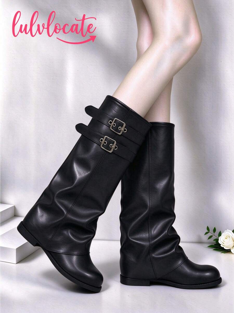 Black Leather Buckle Boots, Vintage Pleated High-Top Boots, Flat Slimming Riding Boots, Matte Soft Leather, Round Toe, Low Heel, Flat Sole, Metal Buckle