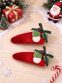 2pcs Christmas Velvet Ball Ribbon Bow Hair Clips, Red Cute Sweet Alligator Clips For Girls, Autumn/Winter Holiday Daily Hair Accessories, Children's Hair Clips - Multicolor - View 3