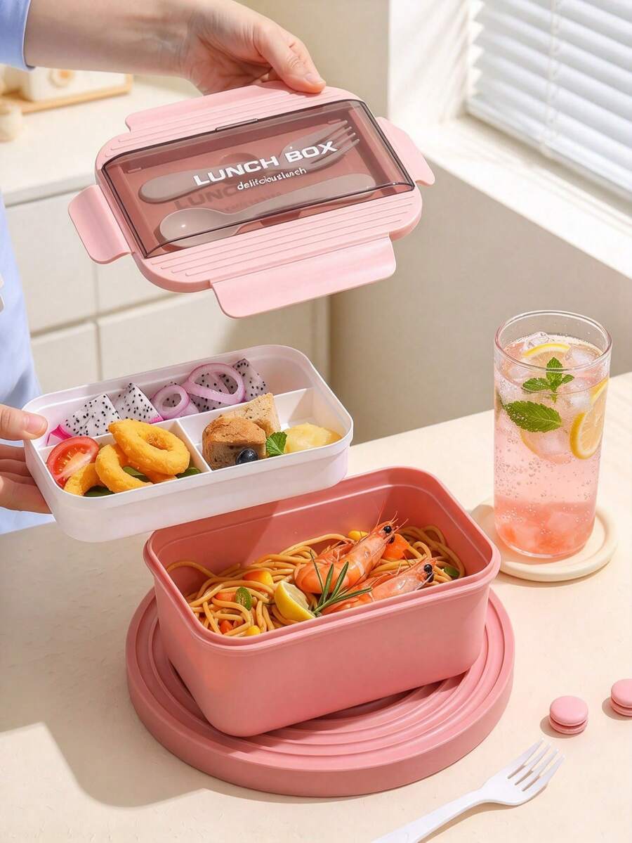 1pc Bento Box - Pink - With Cutlery, Microwave Lunch Box, Stackable Lunch Box, Lunch Bento Box With Spoon And Fork, Insulated Bento Lunch Bag