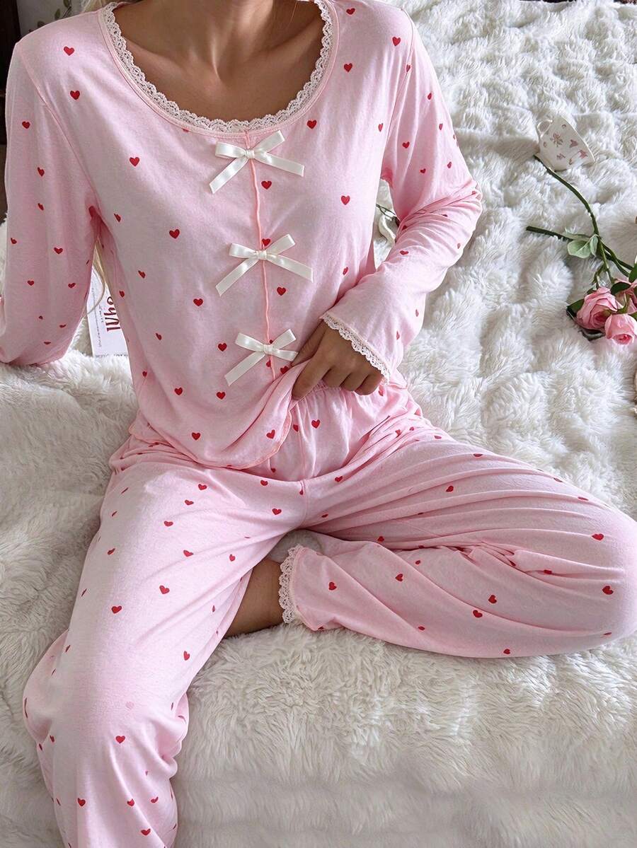 Spring/Autumn Teen Girls Sweet Pink Heart Print + Bow Decor Long Sleeve + Long Pants Pajama 2-Piece Set, Casual Soft Fabric, Teen Home Wear - Pink - View 1