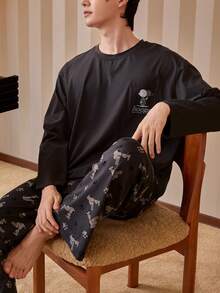 Gongdie 2pcs Snoopy Men's Pajama Set, Autumn Grey Soft Cotton Loungewear With Pockets - Dark Grey - View 2