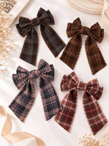 4Pcs Plaid Bow Long Streamer Hair Bows For Girls Wavy Scalloped Edge Decor Alligator Clips Daily Casual Fall Winter Hair Clips Kids Hair Accessories - Multicolor - View 7