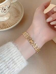 1件女款金色橢圓形紅色錶盤羅馬數字時尚優雅手錶，適合日常配戴 - 金色 - 查看 5