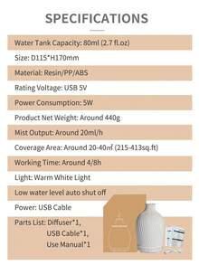 1pc USB 5V 80ml Resin Ultrasonic Essential Oil Diffuser, Suitable For Small Room Aromatherapy Humidification And Aromatherapy Diffuser & Humidifier - White - View 9