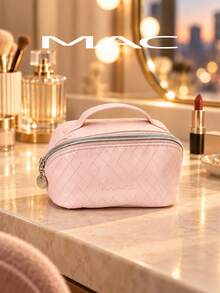 Tas Kosmetik MAC Pink Diamond Embossed PU, Kantong Kosmetik Portabel dengan Pegangan Atas & Resleting Perak untuk Penyimpanan Saat Bepergian - Baby Pink - View 8